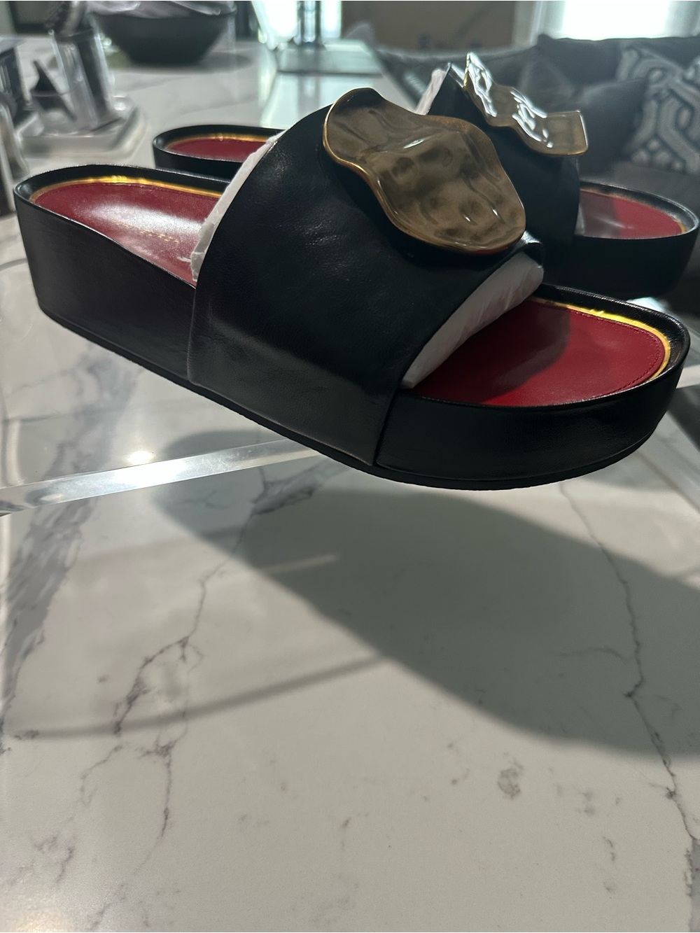 Tory Burch Black Slide Sandals with Gold Plaques and Red Insoles Size 10.5 - Picture 3 of 9